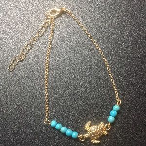 Gold Tone - Turtle & Turquoise Anklet